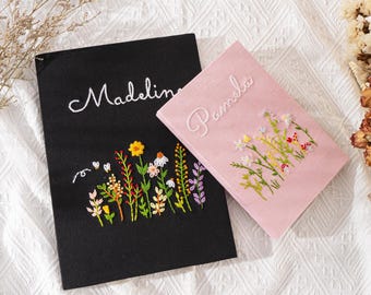 Personalized Floral Hand Embroidered Notebook , Custom Journal， Fabric Hard cover book , wedding planner book