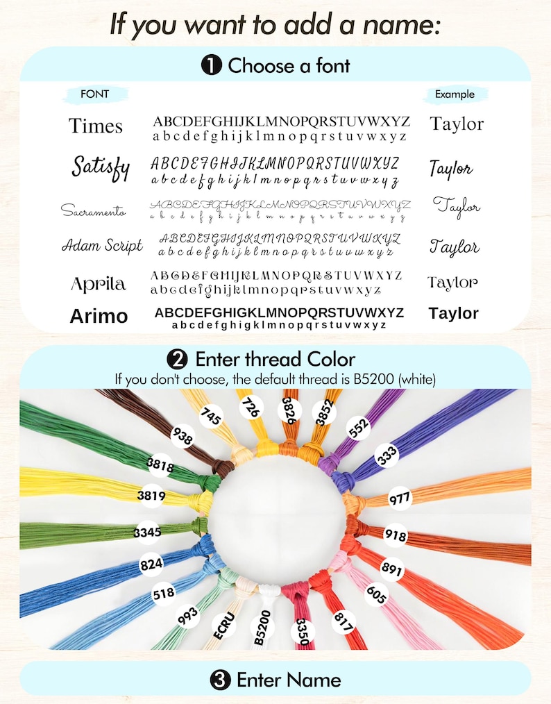 May include: A customization guide featuring a list of six font styles labeled Times, Satisfy, Sacramento, Adam Script, Aprila, and Arimo, followed by a circular arrangement of colorful embroidery thread samples labeled with numerical color codes.
