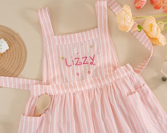 Hand Embroidered Kids Apron: Personalized Moon & Stars Pink Stripe