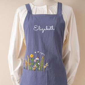 Hand Embroidered Cotton Linen Apron: Floral Design, Optional Customization