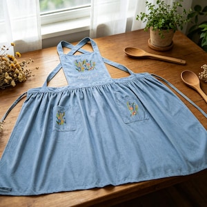 May include: A light blue apron featuring a gathered skirt, cross-back straps, and two front pockets. The chest panel displays embroidered colorful wildflowers and the name Abigail in white script. The fabric has a soft, matte texture.