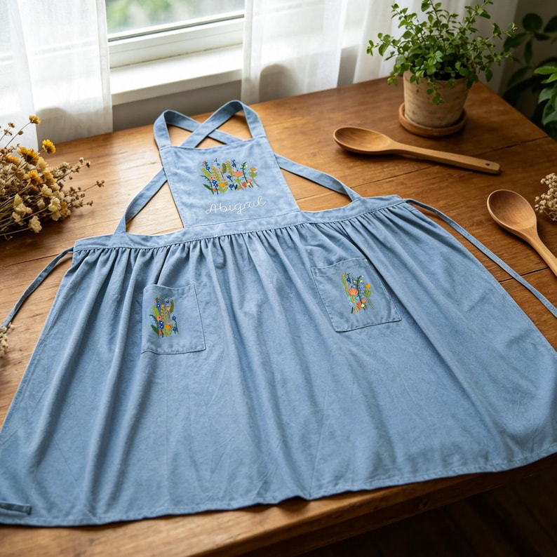 May include: A light blue apron featuring a gathered skirt, cross-back straps, and two front pockets. The chest panel displays embroidered colorful wildflowers and the name Abigail in white script. The fabric has a soft, matte texture.