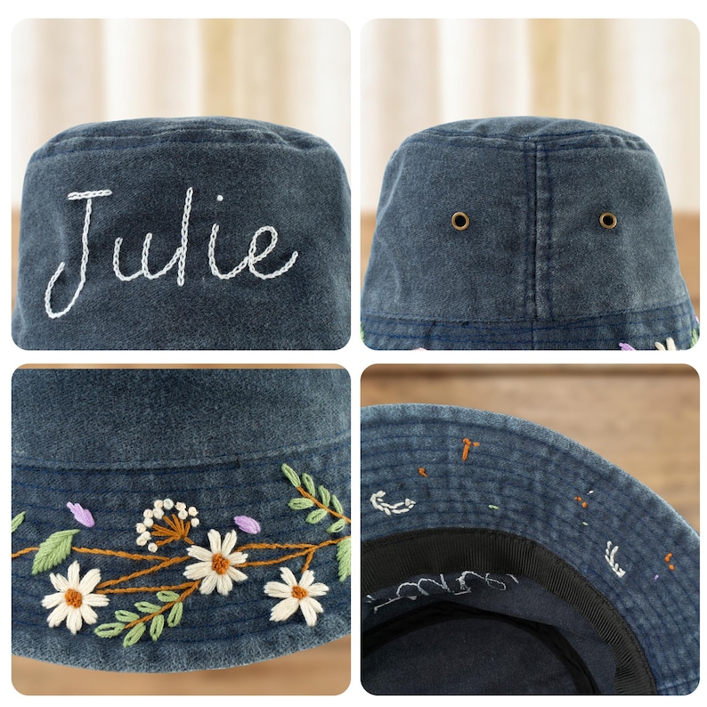 Personalized Floral Hand-Embroidered Bucket Hat: Custom Name Summer Hat Gift for Her image 6