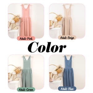 May include: Four adult-sized pinafore aprons displayed in pink, beige, green, and blue. Each apron features a square neckline, wide shoulder straps that cross at the back, and two side pockets. The text labels read Adult-Pink, Adult-Beige, Adult-Green, and Adult-Blue.