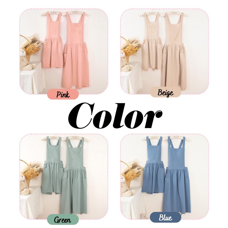 May include: Four sets of two aprons displayed in pink, beige, green, and blue. Each set includes one shorter and one longer apron, both featuring cross-back straps and side pockets. The word Color is centred in large black text above the sets.