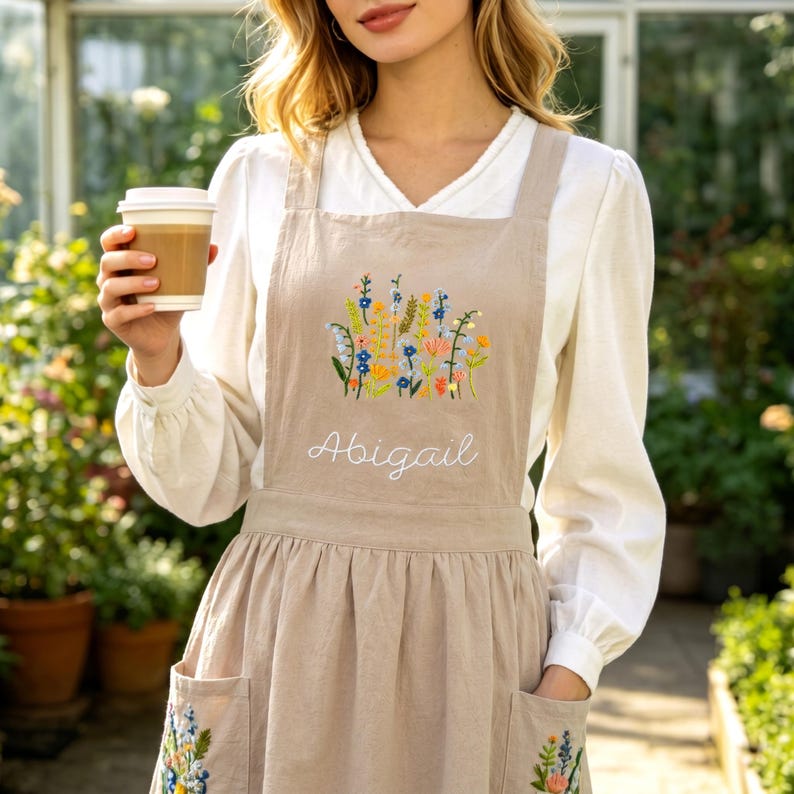Delantal de algodón y lino bordado a mano: delantal de jardinería personalizado con nombre, regalo para ella. Beige