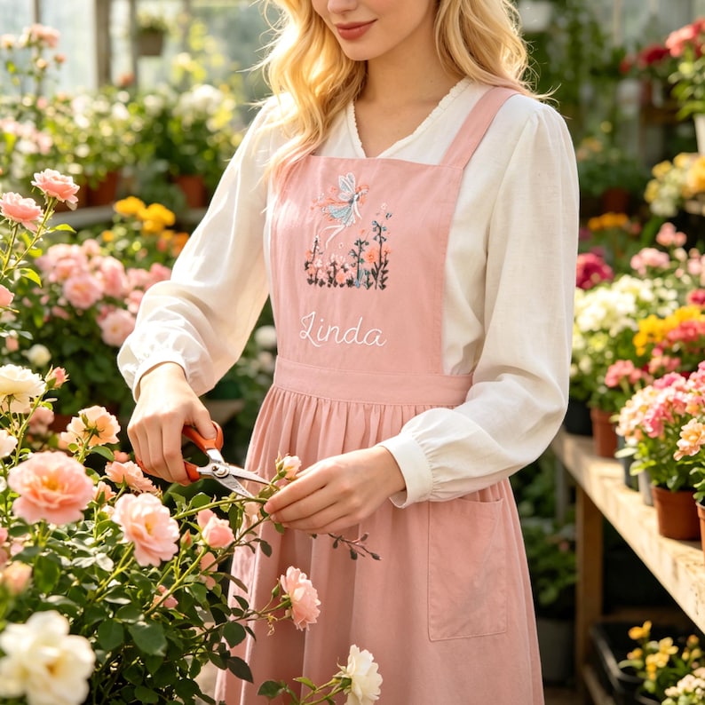 May include: A light pink apron featuring a white embroidered name Linda and a small fairy graphic above a floral design. The apron has wide shoulder straps, a gathered waist, and a visible pocket on the right side, worn over a white long-sleeve shirt.