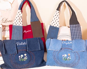 Custom hand-embroidered  Tote Bag, Denim Shoulder Bag, Corduroy Stylish Handbag, Everyday Essential