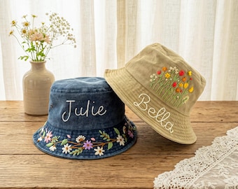 Personalized Floral Hand-Embroidered Bucket Hat: Custom Name Summer Hat  Gift for Her