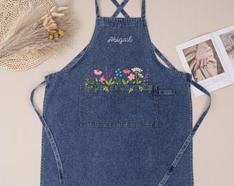 Hand Embroidered Denim Apron for Women : Flower Embroidery Baking