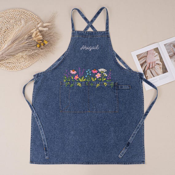Hand Embroidered Denim Apron for Women : Flower Embroidery Baking