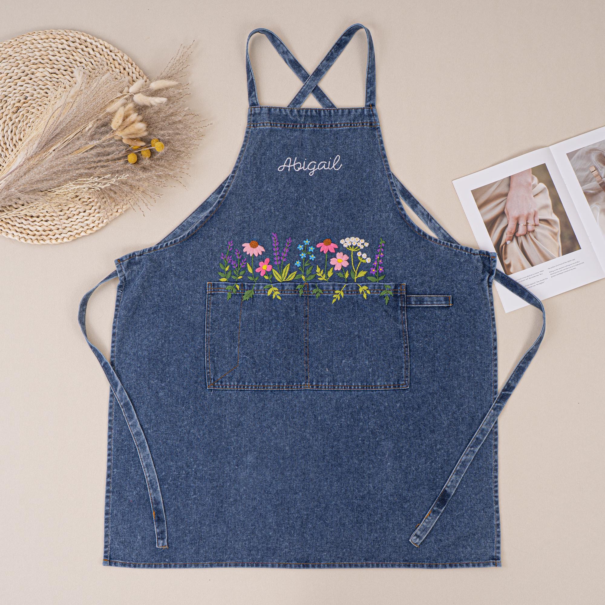 Hand Embroidered Denim Apron for Women : Flower Embroidery Baking