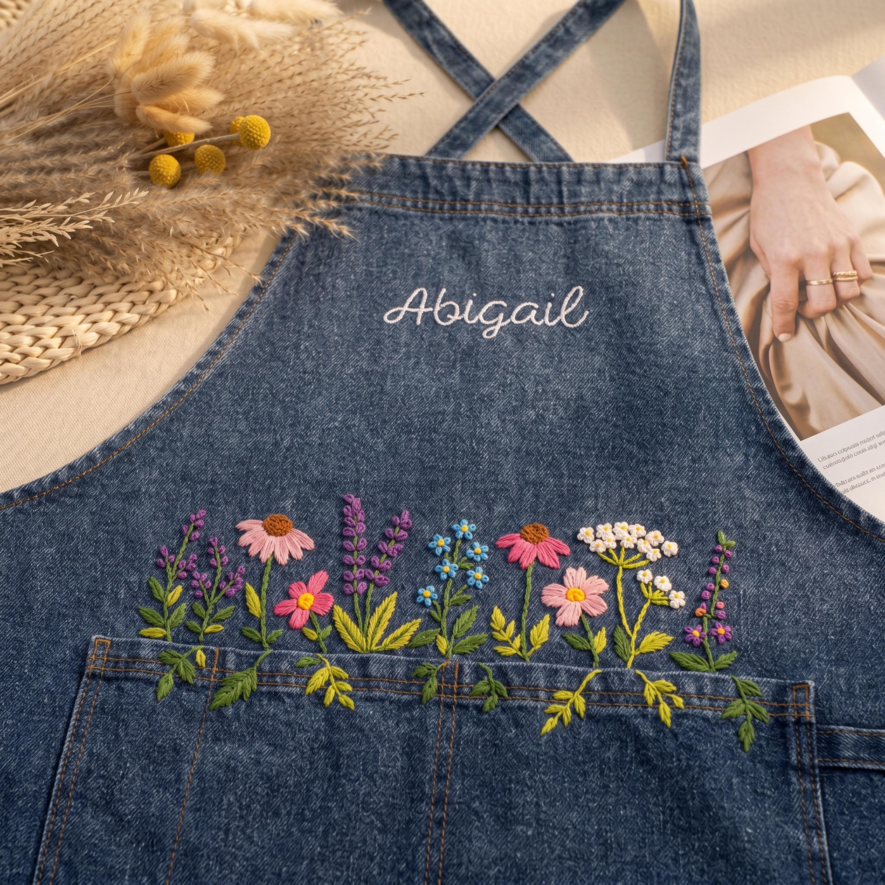 Hand Embroidered Denim Apron for Women : Flower Embroidery Baking