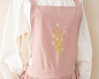 Personalized Hand Embroidered Cotton Apron: Floral Garden Design
