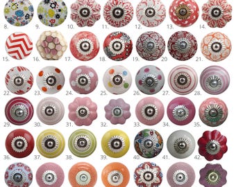 Decorative Handcrafted Pink, White and Red Ceramic Knobs | Unique Patterned Drawer Pulls