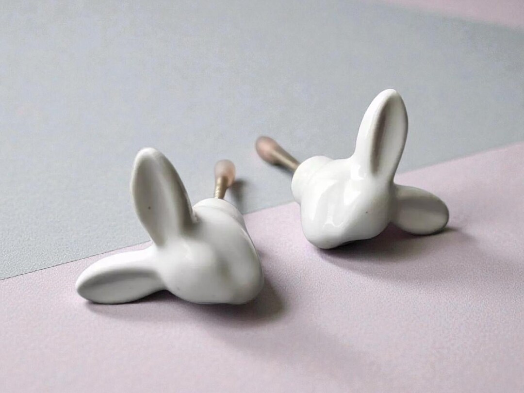 White Rabbit Ceramic Cabinet Knob | Unique Rabbits Head Drawer Pull - Etsy