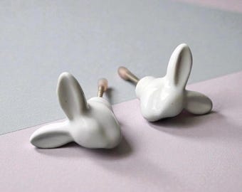 White Rabbit Ceramic Cabinet Knob | Unique Rabbits Head Drawer Pull