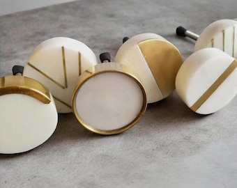Marbled White Stone Cabinet Knob | Geometric Marble and Brass Drawer Pull