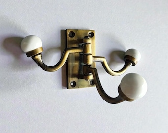 3 Way Triple Coat Hook | Antique Bronze & White Ceramic Knob Hanger