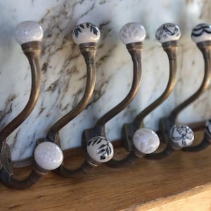 Antique Bronze & Ceramic Knob Hooks | Black, White and Cream Decorative Coat Hooks