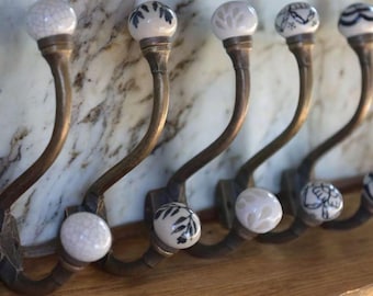 Antique Bronze & Ceramic Knob Hooks | Black, White and Cream Decorative Coat Hooks