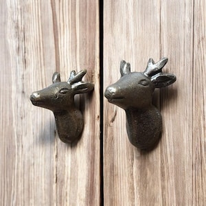 Antique Bronze Deer Head Cabinet Knob | Aged Iron Stag Head Drawer Pull