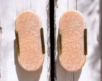 Marbled Pink Stone Oval Cabinet Knob | Geometric Stone and Brass Drawer Pull