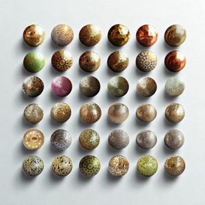 May include: A collection of decorative cabinet knobs in metallic finishes like gold, copper, and silver. The knobs display detailed patterns and textures, including hammered, etched, and perforated designs. The knobs are arranged in a grid pattern against a white backdrop.
