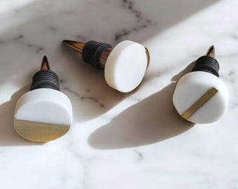 Marbled White Stone Wine Stopper | Unique Wine Bottle Stop Geometric Marble and Brass