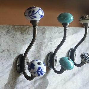 Antique Bronze & Ceramic Knob Hooks | Intricate Hand Crafted Blue, Green and White Coat Hooks