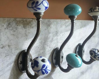 Antique Bronze & Ceramic Knob Hooks | Intricate Hand Crafted Blue, Green and White Coat Hooks