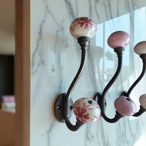 Intricate Hand Crafted Pink, White and Red Ceramic Coat Hooks | Decorative Filigree Patterned Hangers