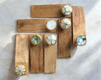 Mother of Pearl Inlay Door Stop: Brass & Mango Wood Wedge
