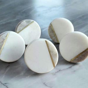 Marbled White & Dark Stone Cabinet Knob | Geometric Stone and Brass Drawer Pull