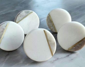 Marbled White & Dark Stone Cabinet Knob | Geometric Stone and Brass Drawer Pull