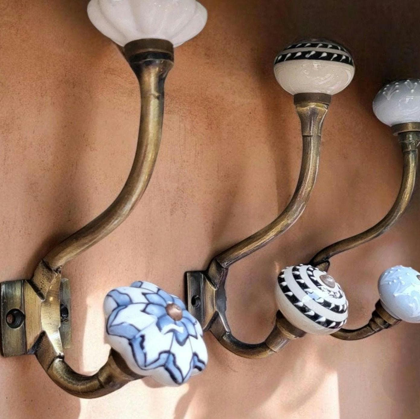 Antique Bronze & Ceramic Knob Hooks | Vintage Style Black, White, Cream and Grey Coat Hooks