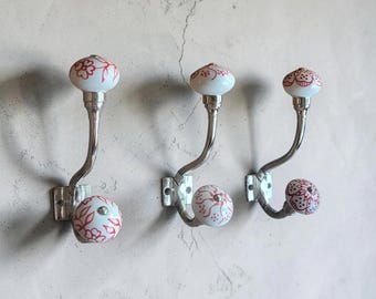 Hand Crafted Chrome Pink, White and Red Ceramic Coat Hooks | Decorative Patterned Porcelain Hangers