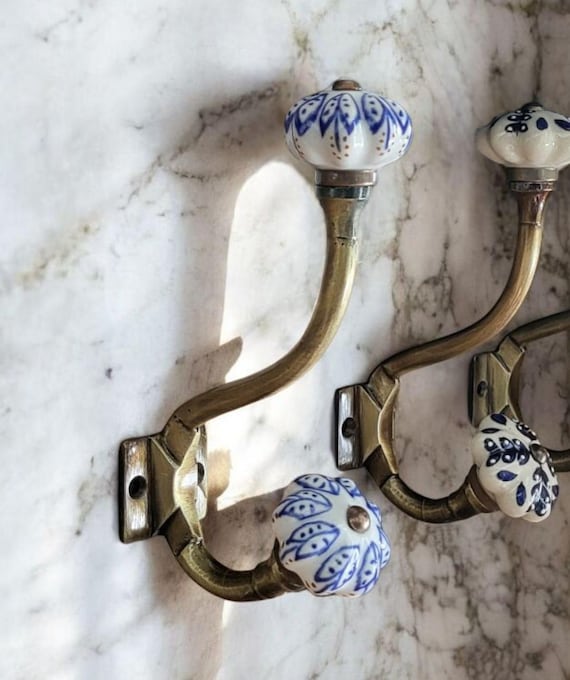 Handcrafted Blue, Green and White Ceramic Coat Hooks | Decorative Floral & Geometric Patterns