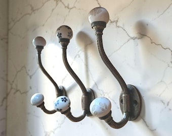 6 Decorative Antique Bronze & Ceramic Knob Hooks | Black, White and Cream Decorative Coat Hooks