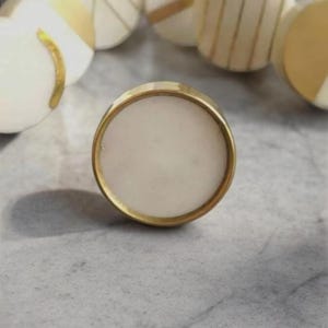 Brass Rimmed Marbled White Stone Cabinet Knob | Geometric Marble and Brass Drawer Pull