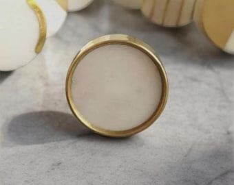 Brass Rimmed Marbled White Stone Cabinet Knob | Geometric Marble and Brass Drawer Pull