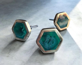 Emerald Green & Gold Geometric Cabinet Knob | Marbled Dark Green Resin Brass Pull
