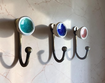 Vibrant Colorful Ceramic Cabinet Knob Hook | Unique Crackle Glaze Coat Hanger