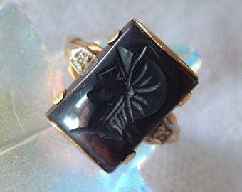14K Gold Intaglio Signet Ring/ Germany/ Hematite/ Size 6/Diamond Accents