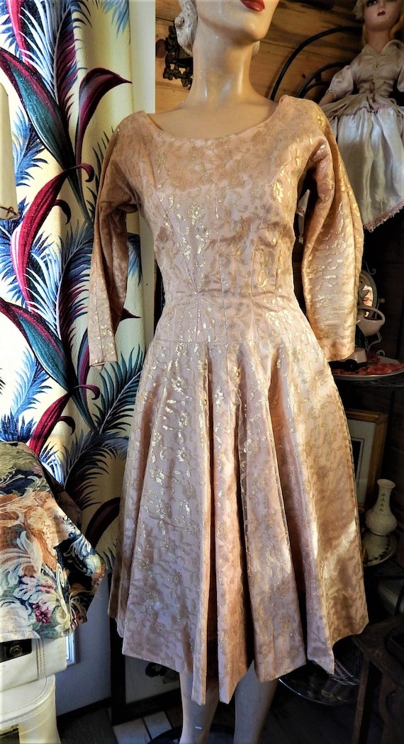 Jonny Herbert Golden Lace and Taffeta Dress/ 1955-65/ 3/4" Sleeves/ Fit and Flare/ Small Size