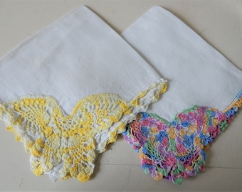 Two Vintage Linen Hankies/ Butterfly Motifs/ Hand Crocheted/ Vintage Hankies