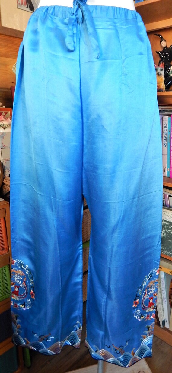 1920's Embroidered Blue Silk Pajamas/ Made in China/ … Gem
