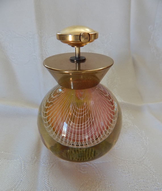 Push Top Rainbow Glass Perfume Bottle/ Brass Top … - image 1