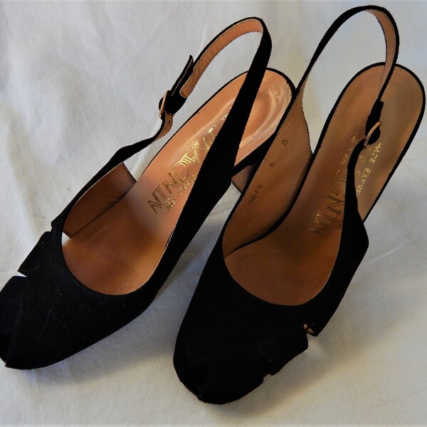 I Magnin Black Velvet Sling Back Heel/ 3 1/2" Heels/ Open Toed/ 1960's/ Sz. 5B