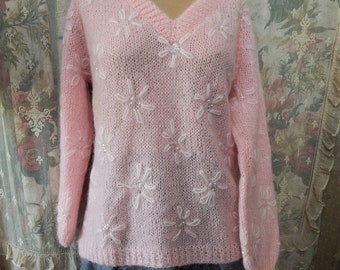 Pretty and Pink V-Neck Mohair Pullover/ White Daisy Pattern with Sequins/  Sz. Med.